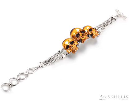 Gem Skull Bracelet Of Gold Tiger’s Eye Carved Skull In 925 Sterling Silver Skull Bracelets