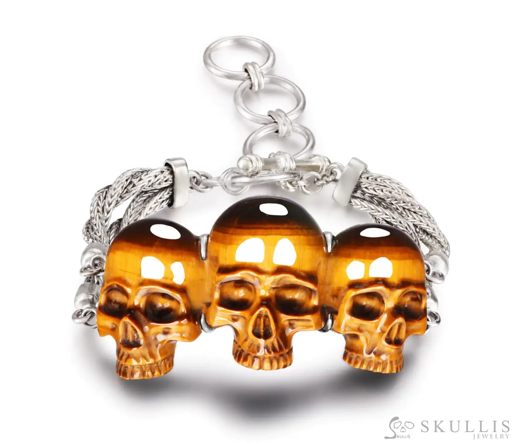 Gem Skull Bracelet Of Gold Tiger’s Eye Carved Skull In 925 Sterling Silver Skull Bracelets