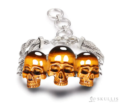 Gem Skull Bracelet Of Gold Tiger’s Eye Carved Skull In 925 Sterling Silver Skull Bracelets