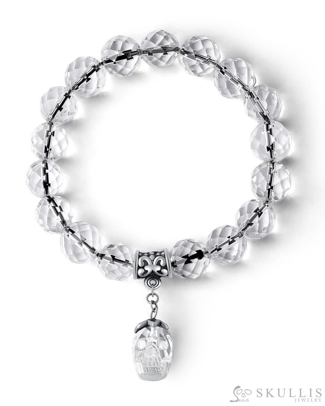 Gem Skull Bracelet Of Quartz Rock Crystal Carved Skull & Facet Beads 17 Skull Bracelets