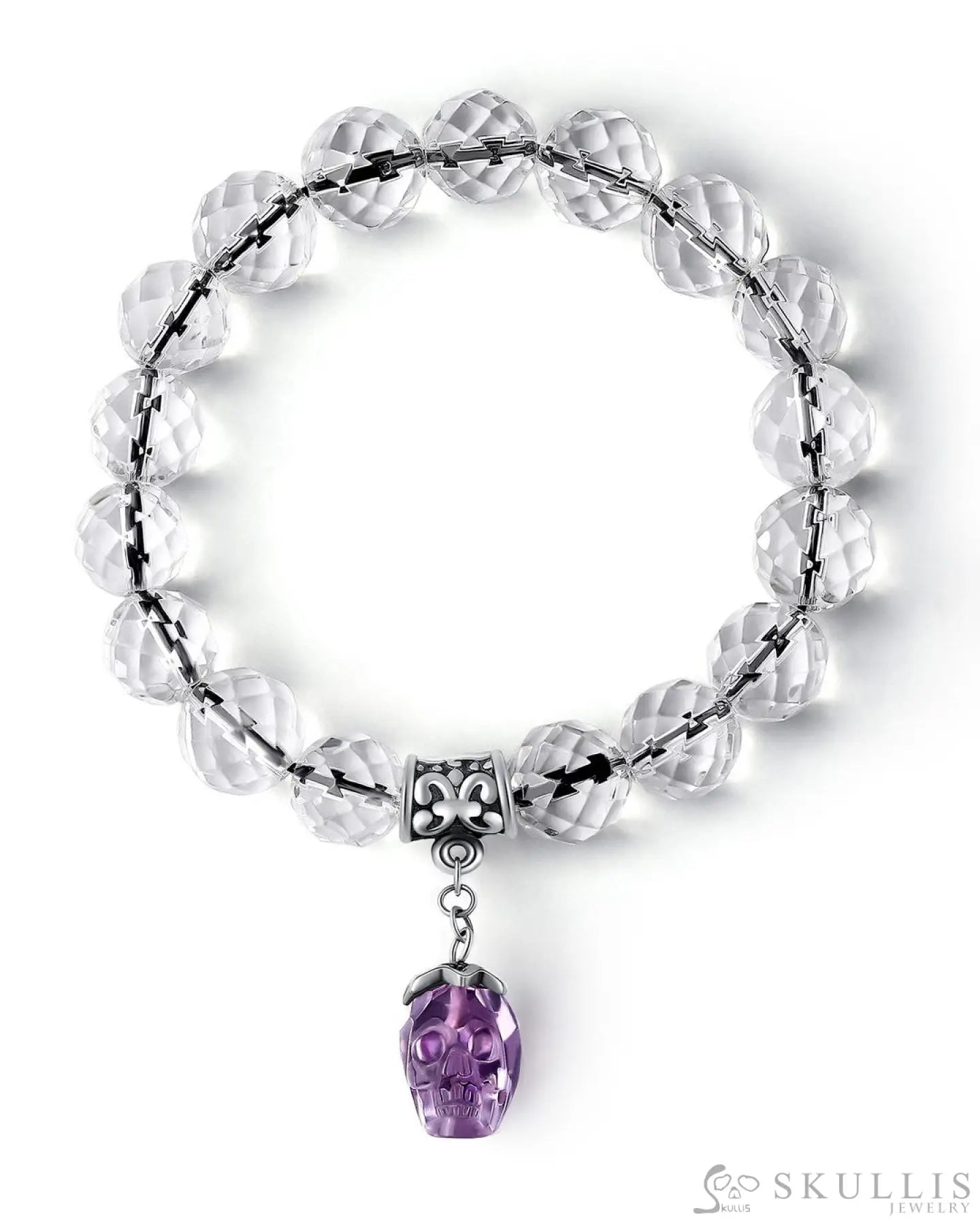 Gem Skull Bracelet Of Quartz Rock Crystal Carved Facet Beads & Amethyst Skull 17 Bracelets