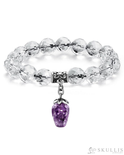 Gem Skull Bracelet Of Quartz Rock Crystal Carved Facet Beads & Amethyst Skull Bracelets