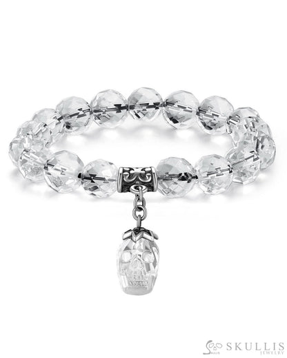 Gem Skull Bracelet Of Quartz Rock Crystal Carved Skull & Facet Beads Skull Bracelets