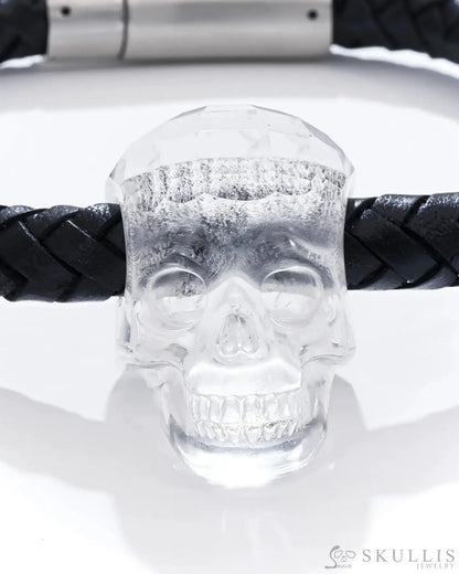 Gem Skull Bracelet Of Quartz Rock Crystal Carved Skull In Genuine Leather Skull Bracelets