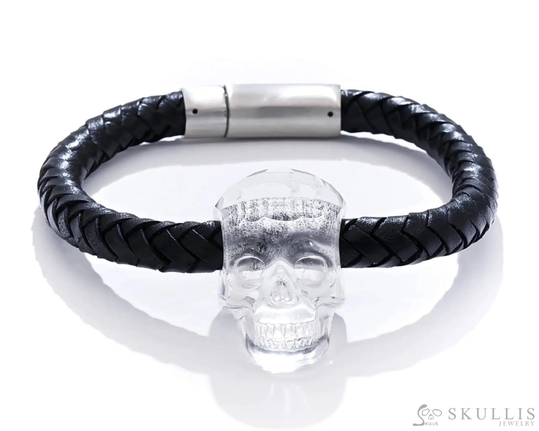 Gem Skull Bracelet Of Quartz Rock Crystal Carved Skull In Genuine Leather Skull Bracelets