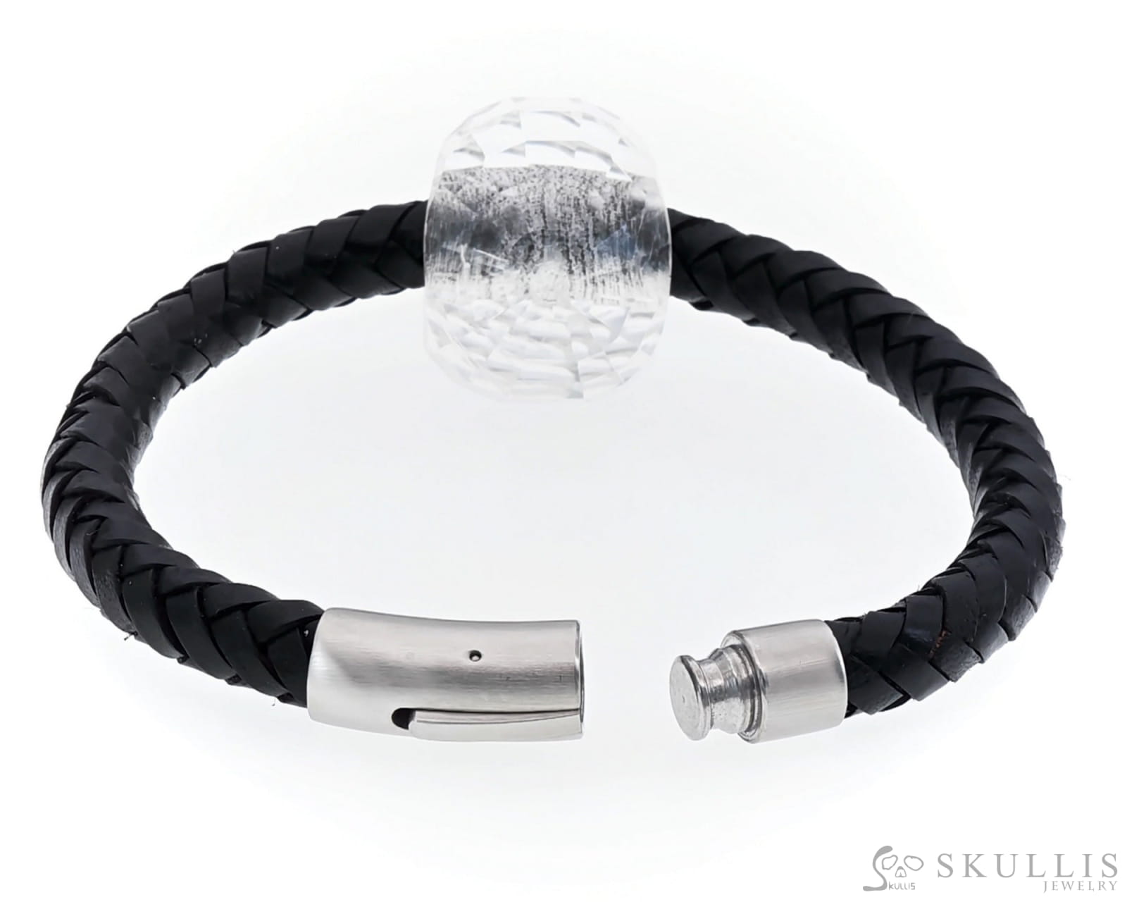 Gem Skull Bracelet Of Quartz Rock Crystal Carved Skull In Genuine Leather Skull Bracelets