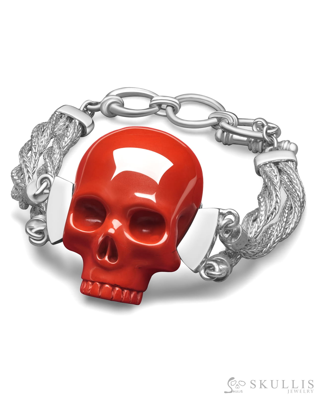 Gem Skull Bracelet of Red Jasper Carved Skull in 925 Sterling Silver Skull Bracelets