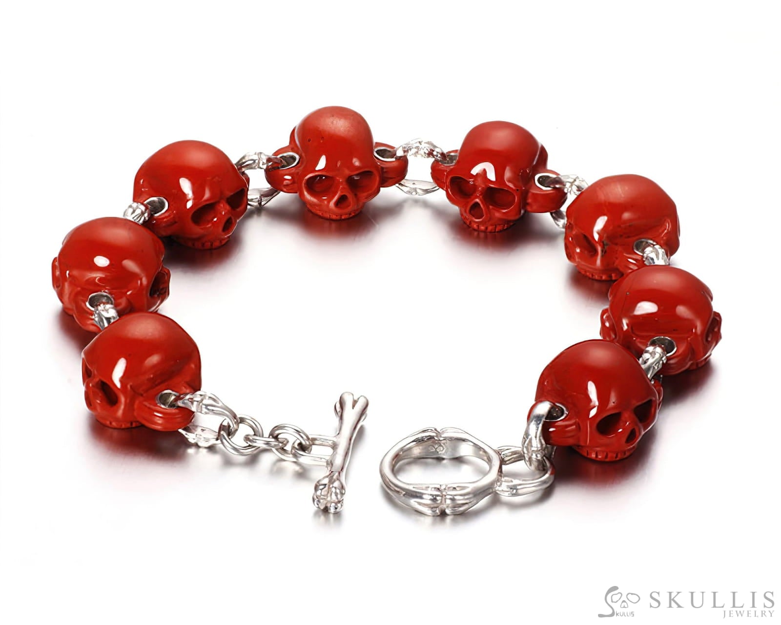 Gem Skull Bracelet Of Red Jasper Carved Skull In 925 Sterling Silver Skull Bracelets