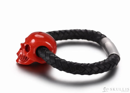 Gem Skull Bracelet Of  Red Jasper Carved Skull Withgenuine Leather Skull Bracelets