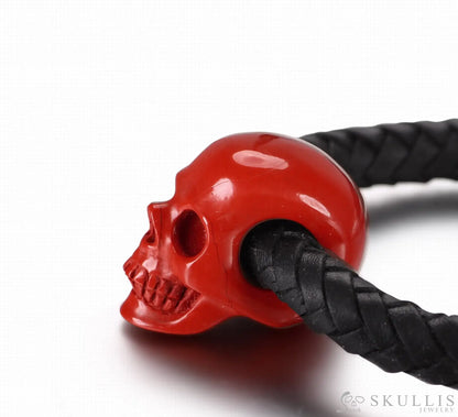 Gem Skull Bracelet Of  Red Jasper Carved Skull Withgenuine Leather Skull Bracelets