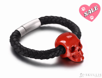 Gem Skull Bracelet Of  Red Jasper Carved Skull Withgenuine Leather S Skull Bracelets