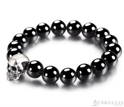 Gem Skull Bracelet Of Sterling Silver Carved Skull With Black Obsidian Beaded Skull Bracelets