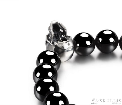 Gem Skull Bracelet Of Sterling Silver Carved Skull With Black Obsidian Beaded Skull Bracelets