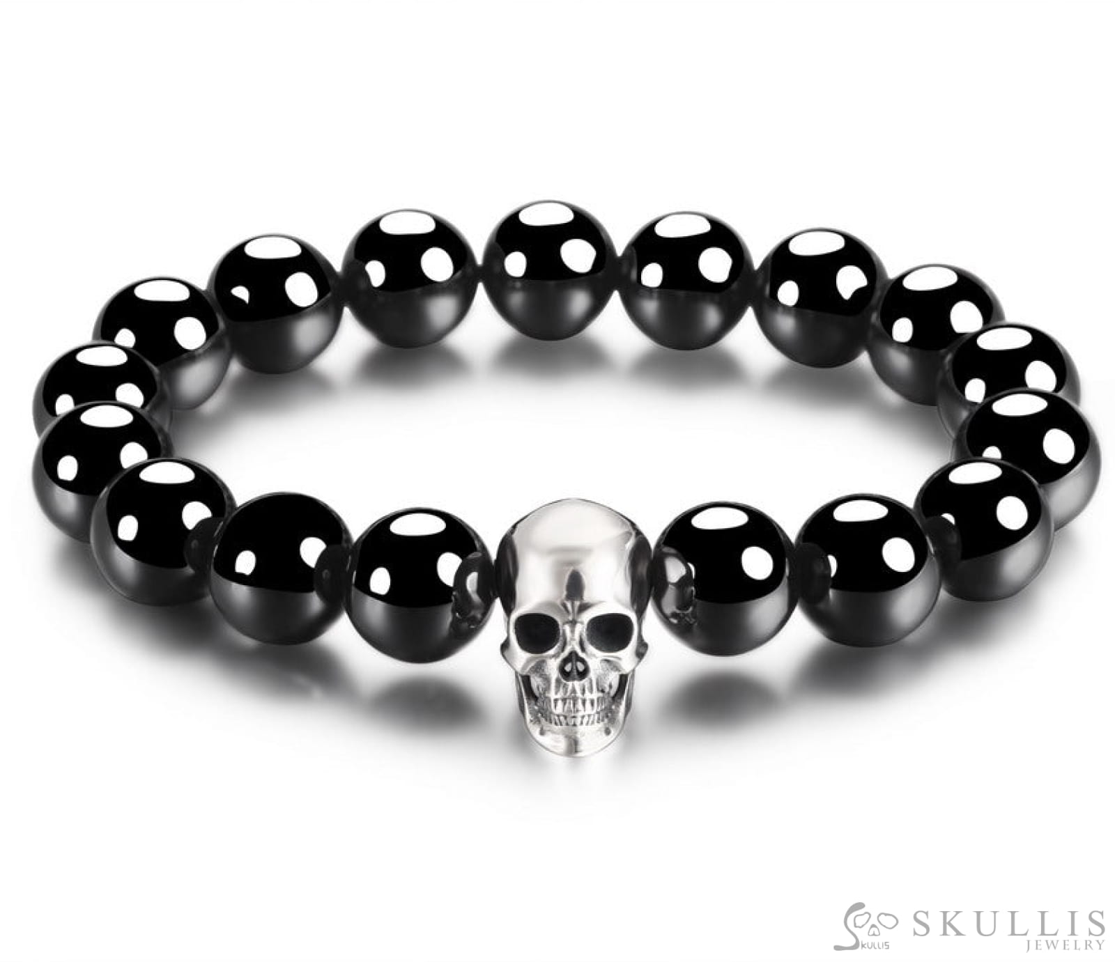 Gem Skull Bracelet Of Sterling Silver Carved Skull With Black Obsidian Beaded S(153 - -