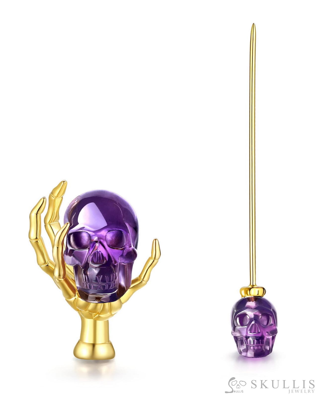 Gem Skull Brooch Of Amethyst Carved Skull With Skeleton Hand In 18K Gold - Plated