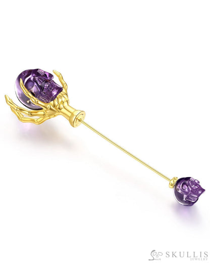 Gem Skull Brooch Of Amethyst Carved Skull With Skeleton Hand In 18K Gold - Plated