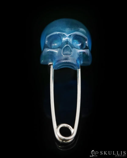 Gem Skull Brooch of Aquamarine Carved Skull Hand in 925 Sterling Silver-9500159 One of a Kind