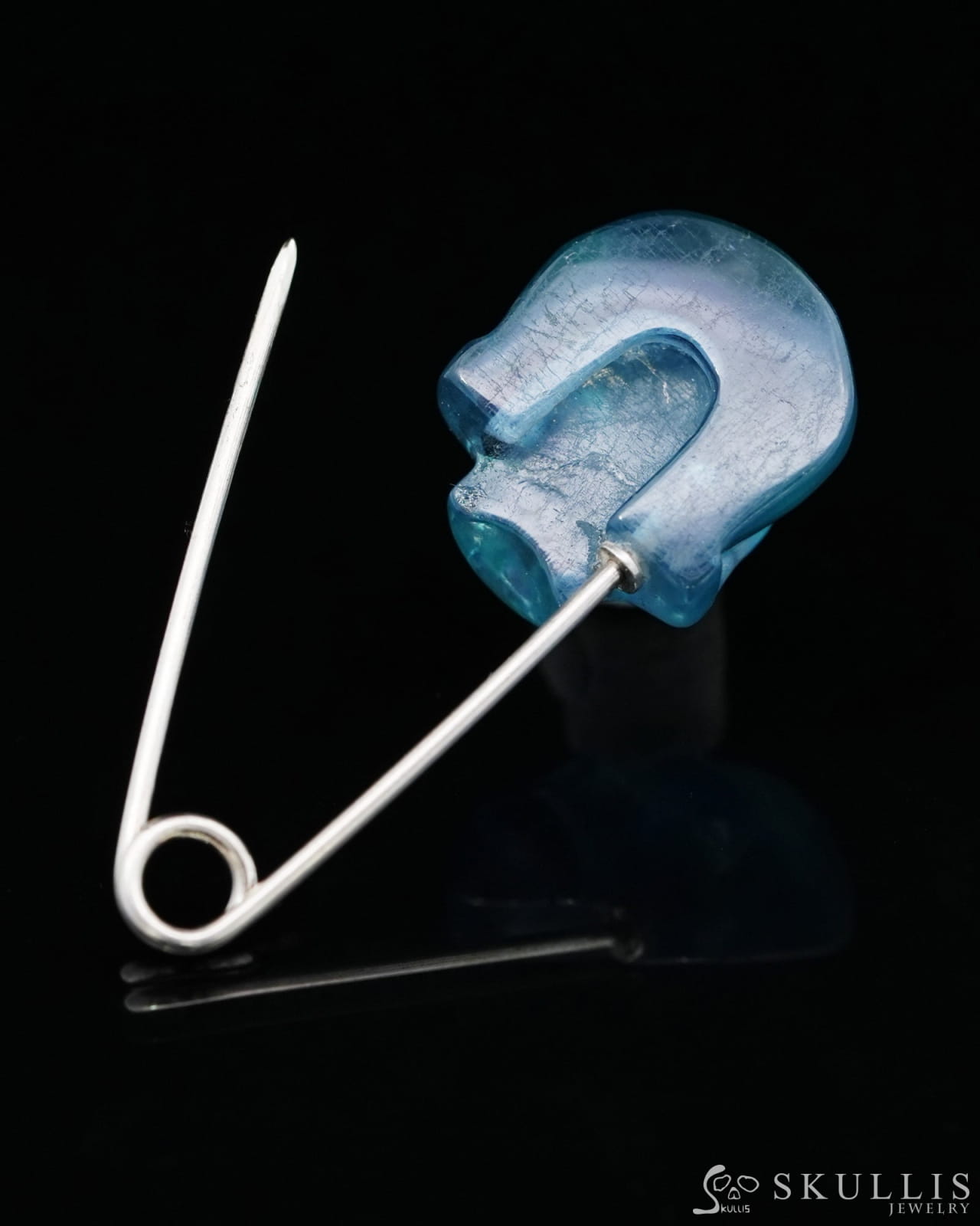 Gem Skull Brooch of Aquamarine Carved Skull Hand in 925 Sterling Silver-9500159 One of a Kind