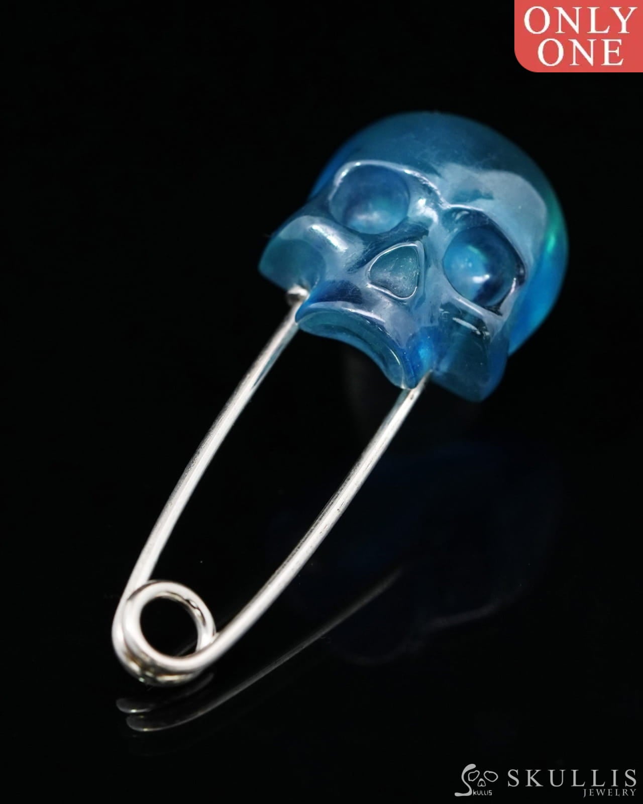 Gem Skull Brooch of Aquamarine Carved Skull Hand in 925 Sterling Silver-9500159 One of a Kind