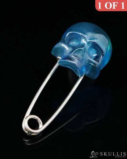 Gem Skull Brooch of Aquamarine Carved Skull Hand in 925 Sterling Silver-9500159 One of a Kind