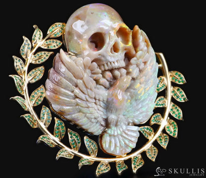 Gem Skull Brooch Of Australian Opal Carved With Dove & Flower In 18K Gold - Plated 925 Sterling