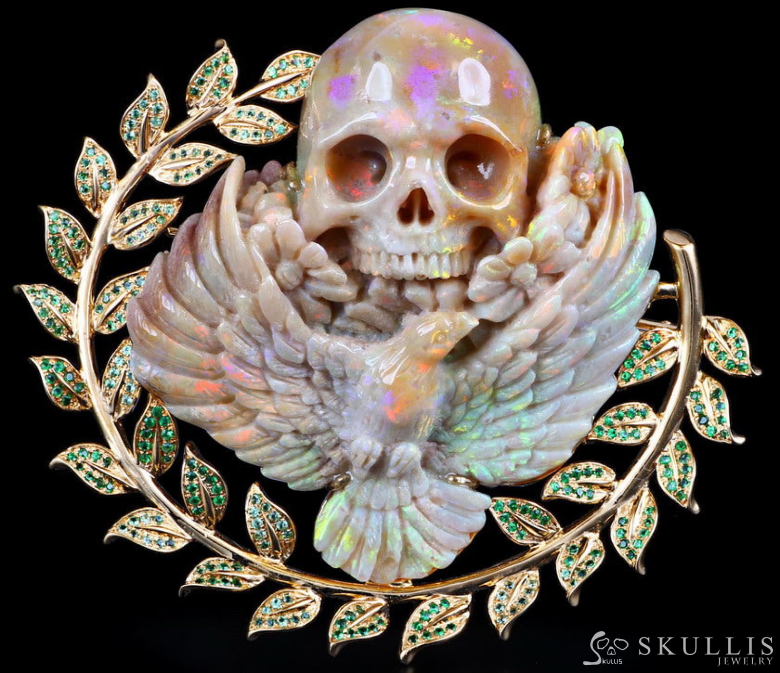 Gem Skull Brooch Of Australian Opal Carved With Dove & Flower In 18K Gold - Plated 925 Sterling