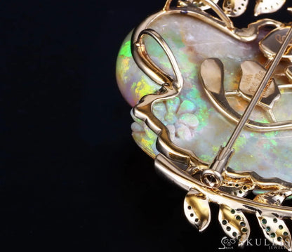 Gem Skull Brooch Of Australian Opal Carved With Dove & Flower In 18K Gold - Plated 925 Sterling