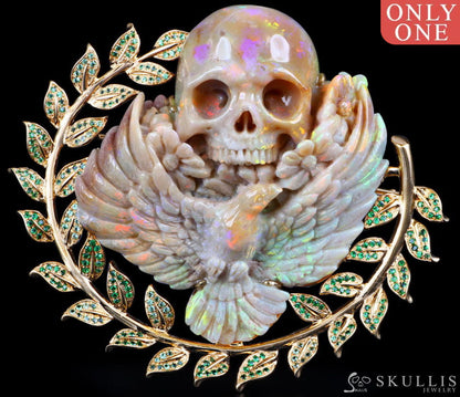 Gem Skull Brooch Of Australian Opal Carved With Dove & Flower In 18K Gold - Plated 925 Sterling