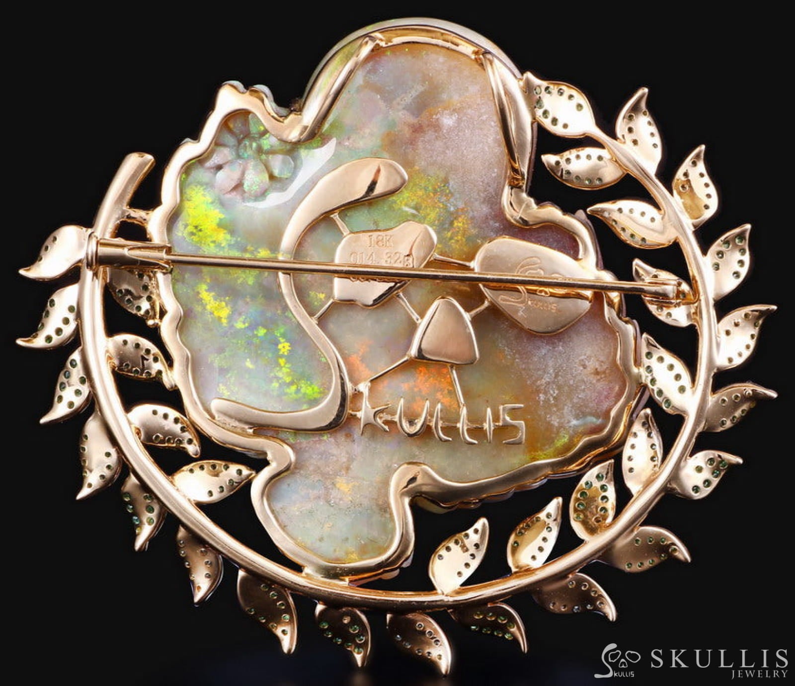 Gem Skull Brooch Of Australian Opal Carved With Dove & Flower In 18K Gold - Plated 925 Sterling