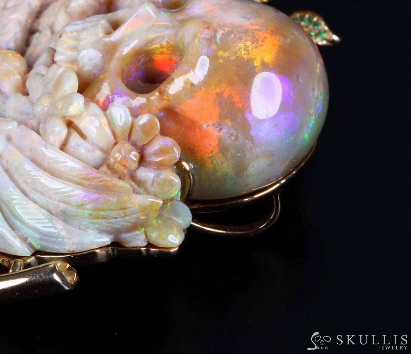 Gem Skull Brooch Of Australian Opal Carved With Dove & Flower In 18K Gold - Plated 925 Sterling