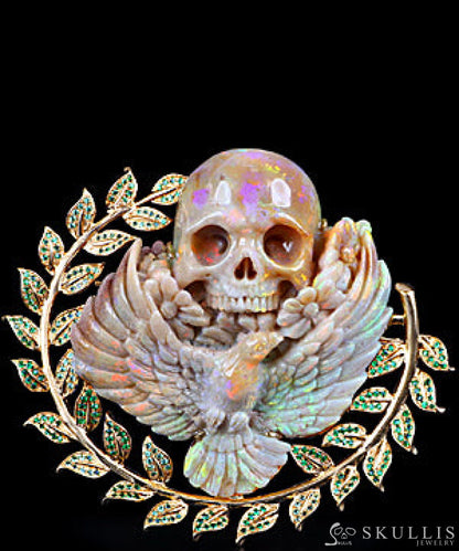 Gem Skull Brooch Of Australian Opal Carved With Dove & Flower In 18K Gold - Plated 925 Sterling