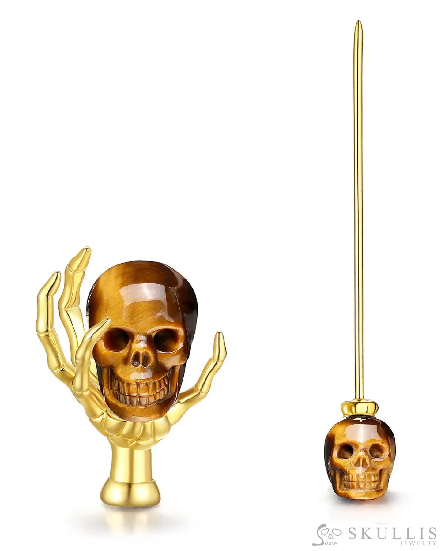 Gem Skull Brooch Of Gold Tiger’s Eye Carved Skull With Skeleton Hand In 18K Gold - Plated
