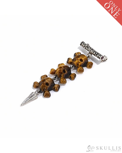 Gem Skull Pendant Necklace Of Gold Tiger’s Eye Carved Skull With Bail In 925 Sterling