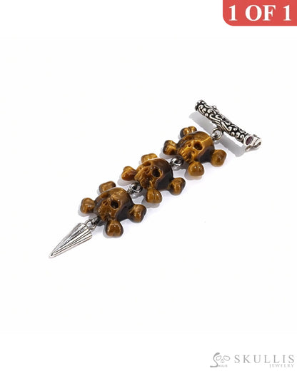 Gem Skull Pendant Necklace Of Gold Tiger’s Eye Carved Skull With Bail In 925 Sterling