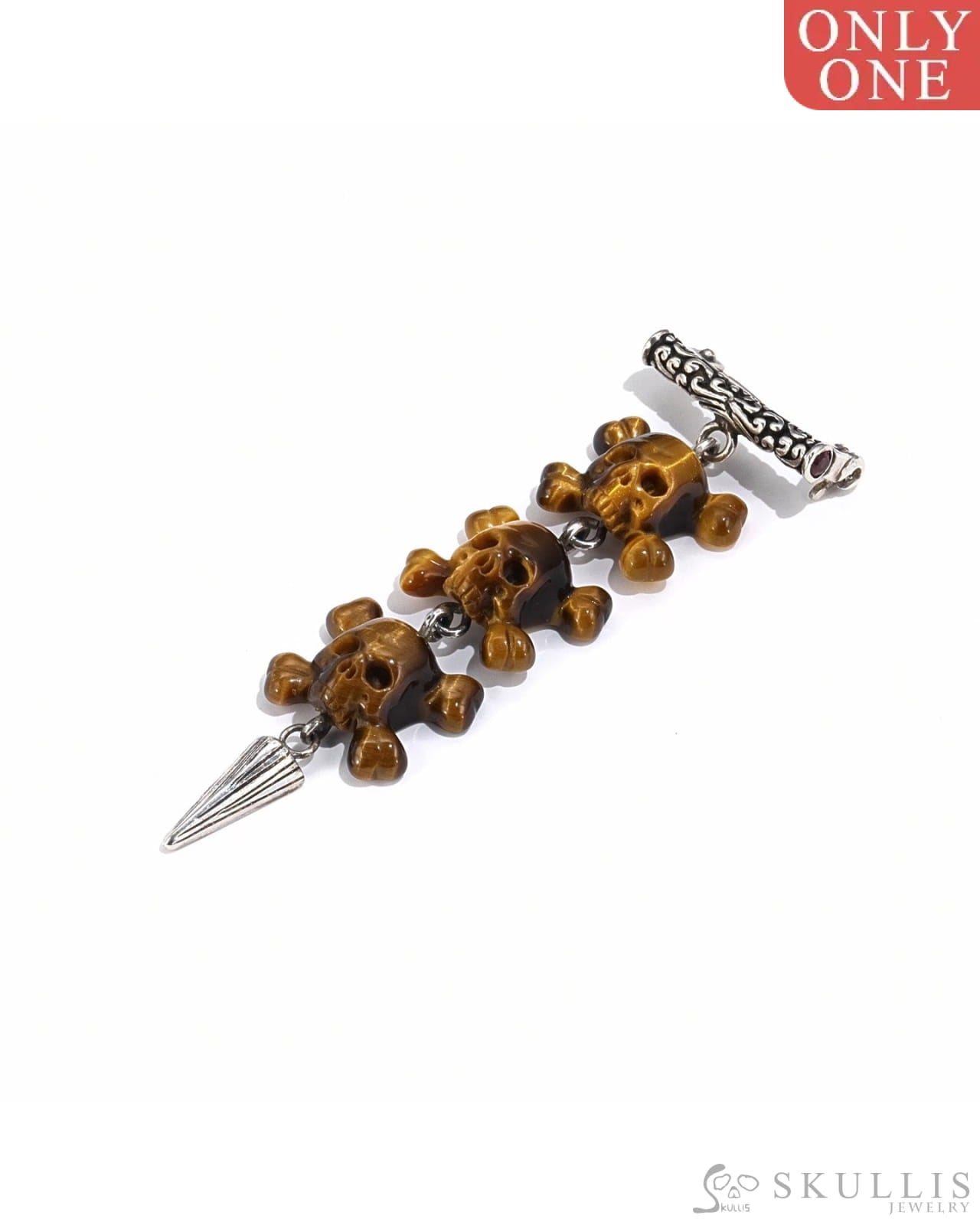 Gem Skull Pendant Necklace Of Gold Tiger’s Eye Carved Skull With Bail In 925 Sterling