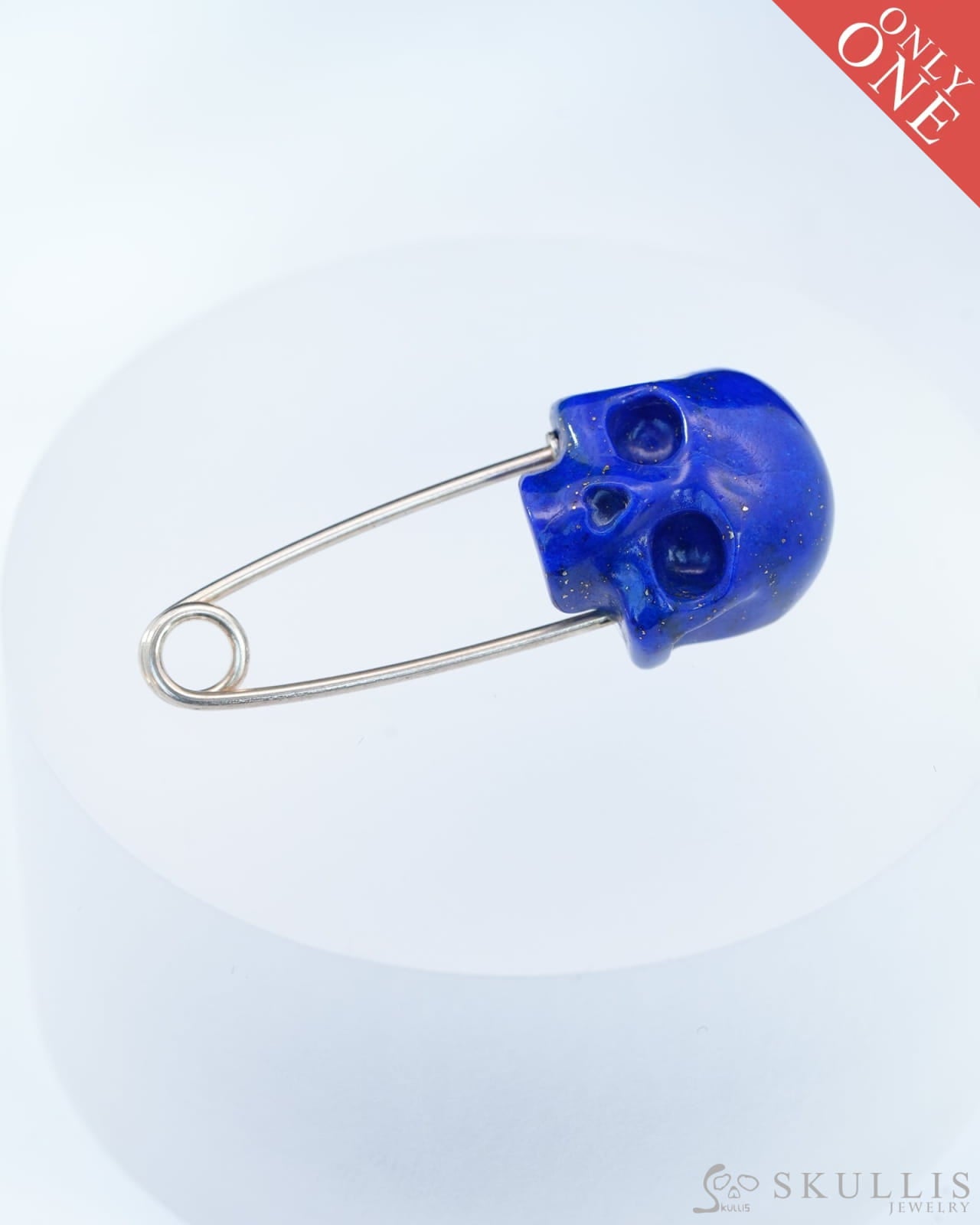 Gem Skull Brooch of Lapis Lazuli Carved Skull Hand in 925 Sterling Silver-9800161 One of a Kind