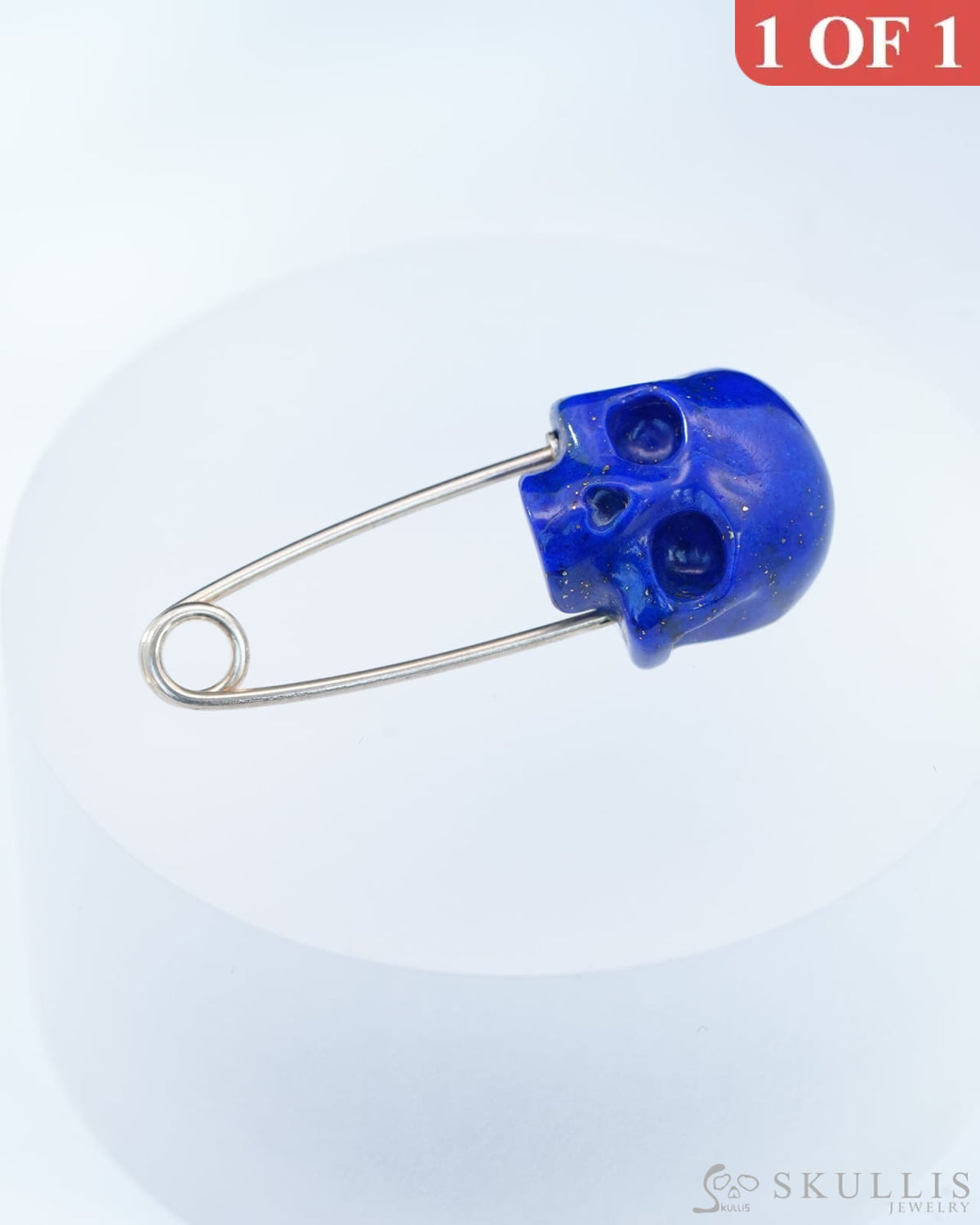 Gem Skull Brooch of Lapis Lazuli Carved Skull Hand in 925 Sterling Silver-9800161 One of a Kind