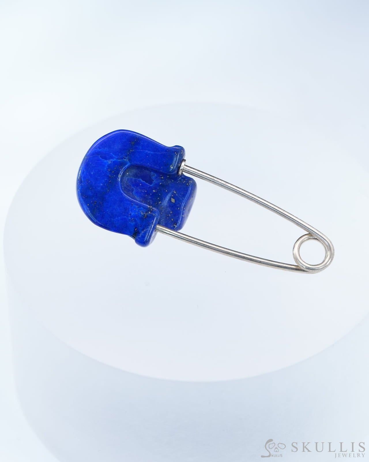Gem Skull Brooch of Lapis Lazuli Carved Skull Hand in 925 Sterling Silver-9800161 One of a Kind