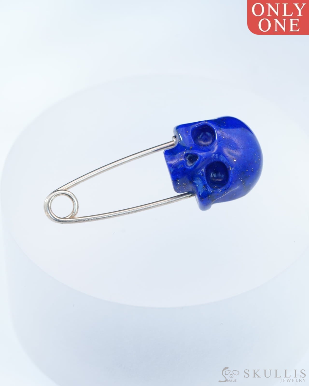 Gem Skull Brooch of Lapis Lazuli Carved Skull Hand in 925 Sterling Silver-9800161 One of a Kind