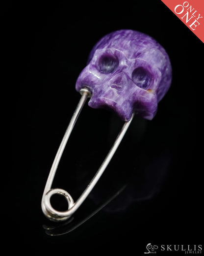 Gem Skull Brooch of Russian Charoite Carved Skull Hand in 925 Sterling Silver-9500158 One of a Kind