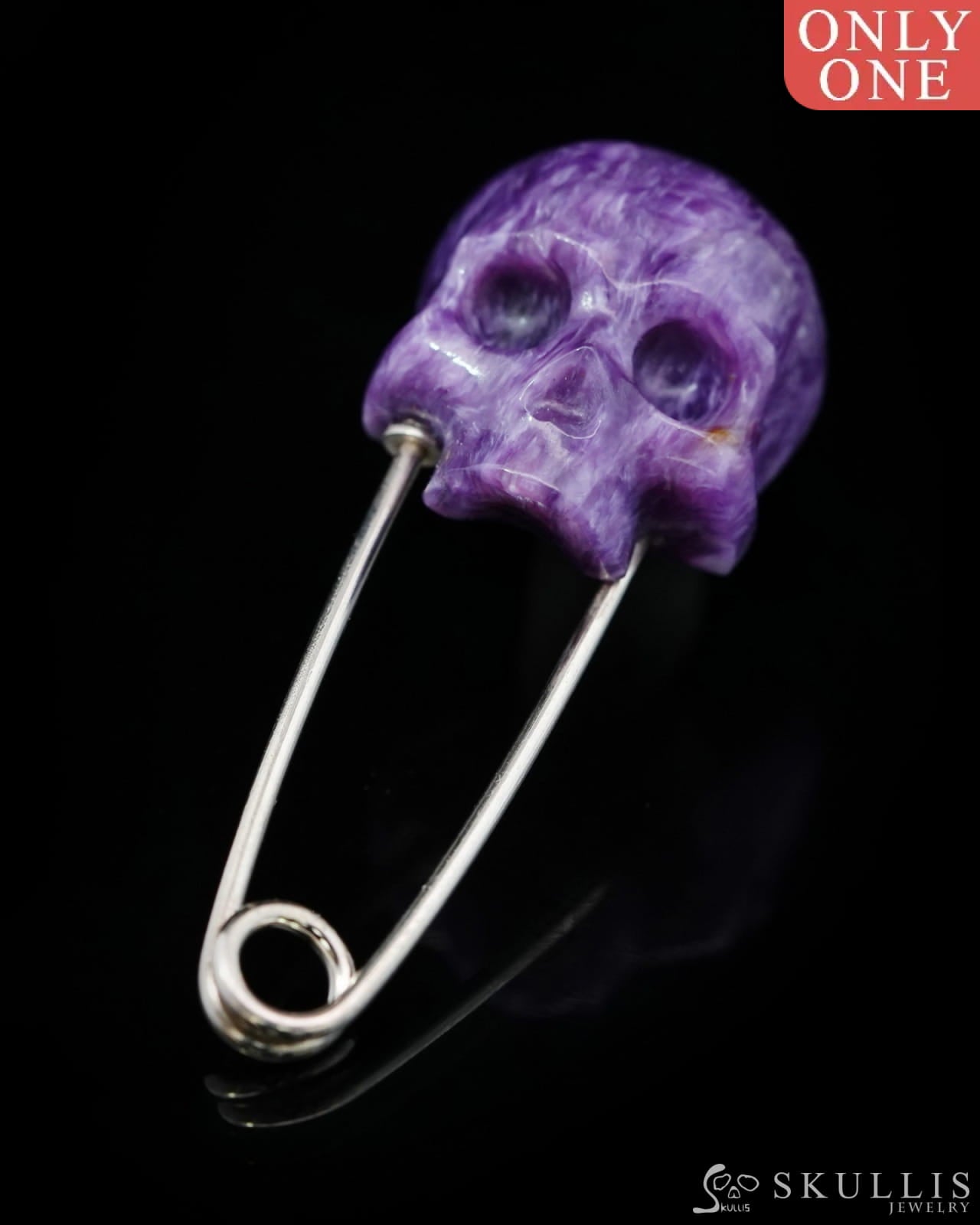 Gem Skull Brooch of Russian Charoite Carved Skull Hand in 925 Sterling Silver-9500158 One of a Kind