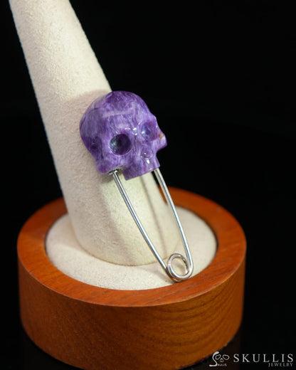Gem Skull Brooch of Russian Charoite Carved Skull Hand in 925 Sterling Silver-9500158 One of a Kind