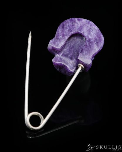 Gem Skull Brooch of Russian Charoite Carved Skull Hand in 925 Sterling Silver-9500158 One of a Kind