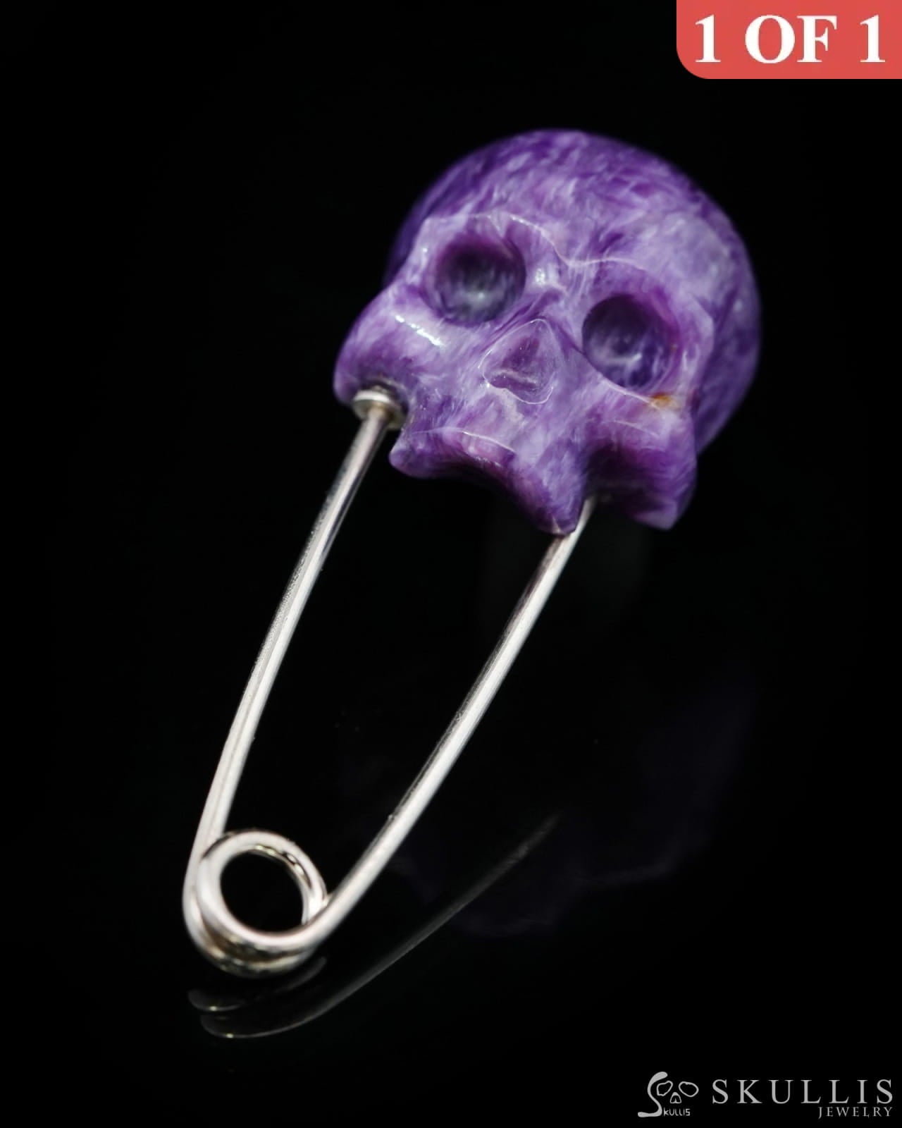 Gem Skull Brooch of Russian Charoite Carved Skull Hand in 925 Sterling Silver-9500158 One of a Kind