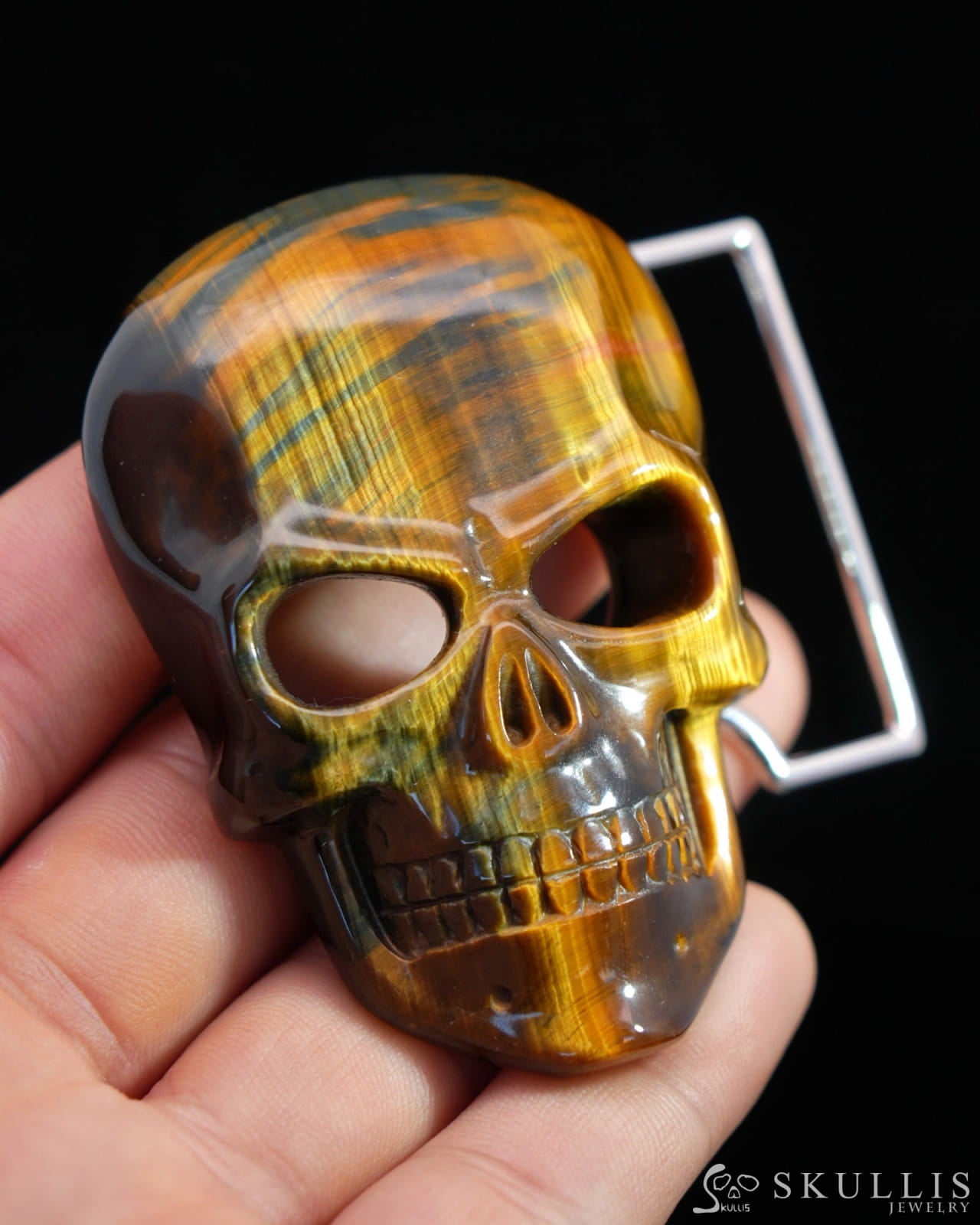 Gem Skull Buckle of Blue & Gold Tiger’s Eye Carved Skull with Genuine Leather - 0500011 Skull Buckles