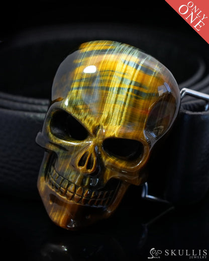 Gem Skull Buckle of Blue & Gold Tiger’s Eye Carved Skull with Genuine Leather - 0500011 Skull Buckles