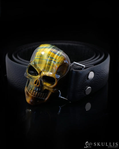Gem Skull Buckle of Blue & Gold Tiger’s Eye Carved Skull with Genuine Leather - 0500011 Skull Buckles