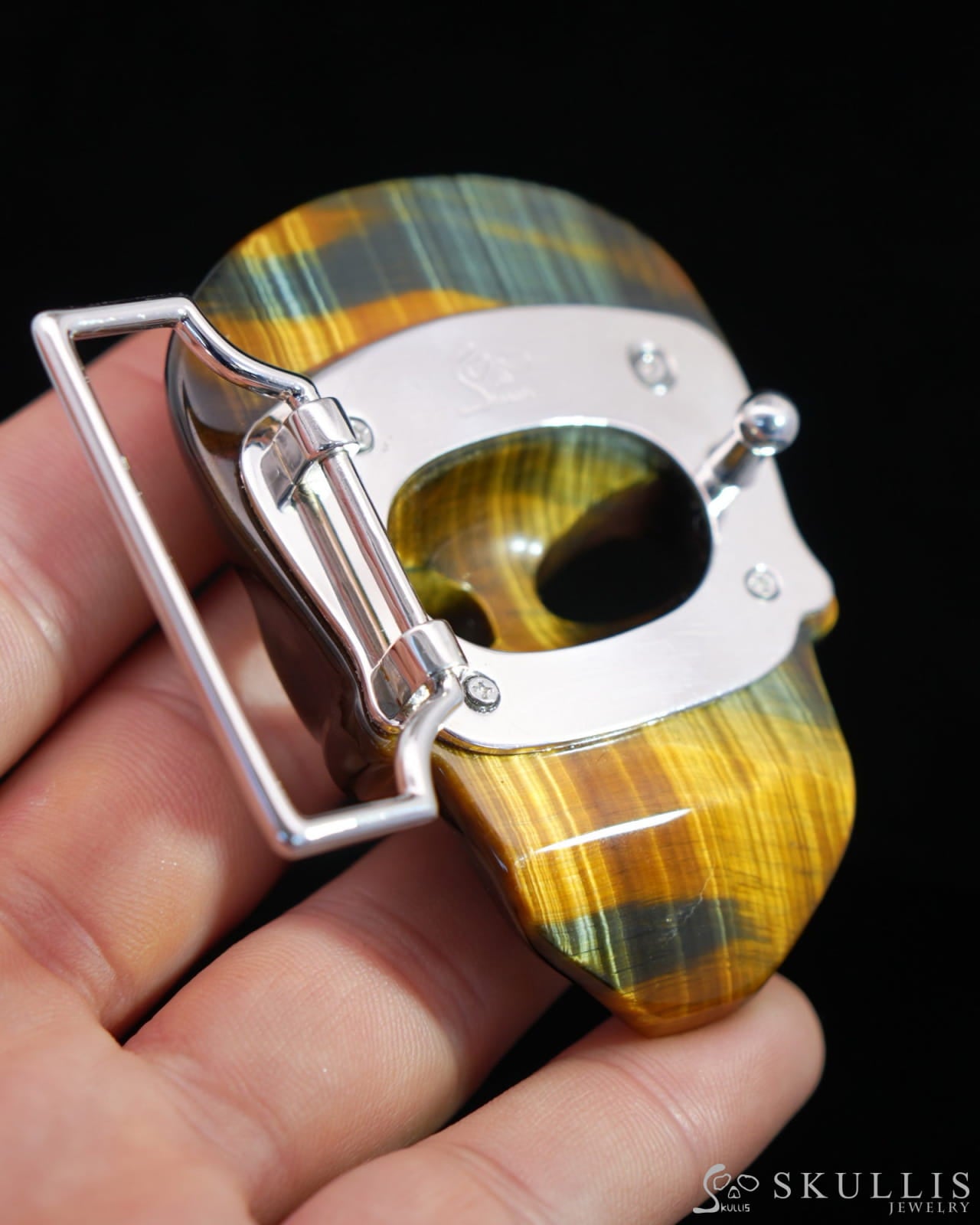 Gem Skull Buckle of Blue & Gold Tiger’s Eye Carved Skull with Genuine Leather - 0500011 Skull Buckles