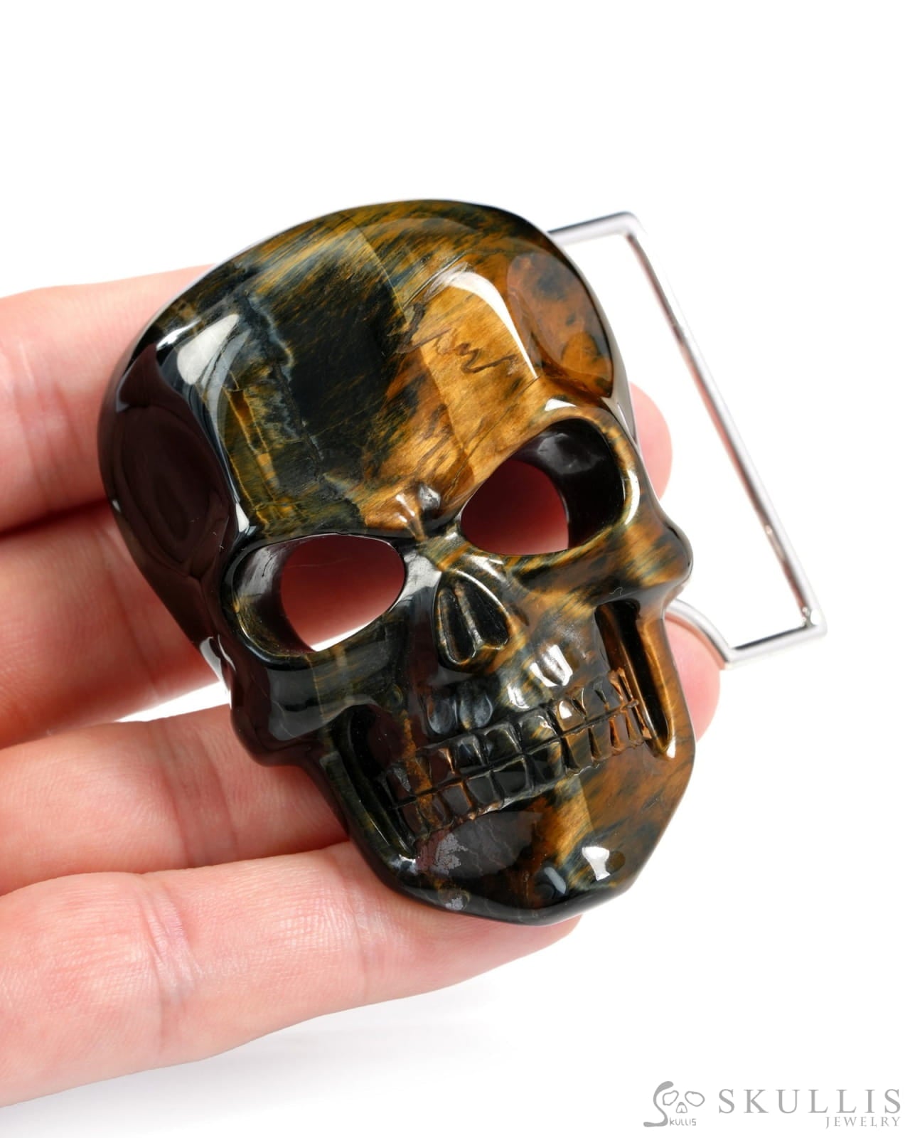 Gem Skull Buckle of Blue & Gold Tiger’s Eye Carved Skull with Genuine Leather - 9500327 Skull Buckles