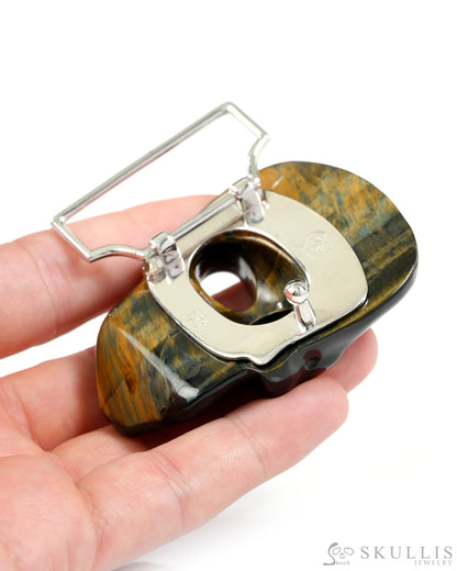 Gem Skull Buckle of Blue & Gold Tiger’s Eye Carved Skull with Genuine Leather - 9500327 Skull Buckles